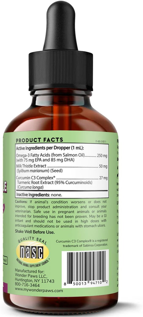 Milk Thistle Liver Support for Dogs, Detox and Hepatic Support with Wild Alaskan Salmon Oil & Curcumin, 2 Oz