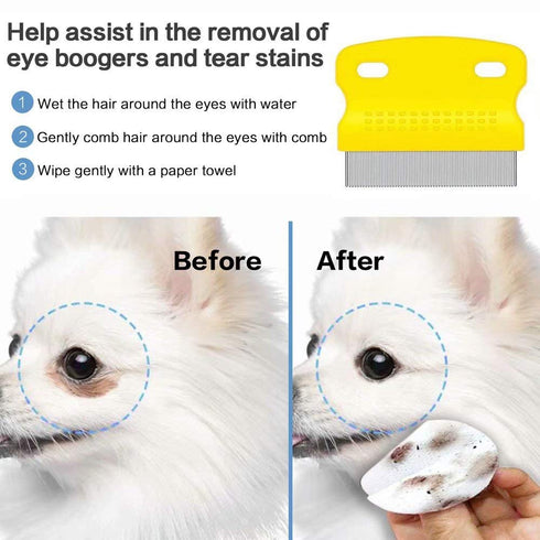 Fine Tooth Pet Comb - 3 Pack Tear Stain Remover for Dogs & Cats, Removes Fleas, Ticks, Dandruff, Tangles