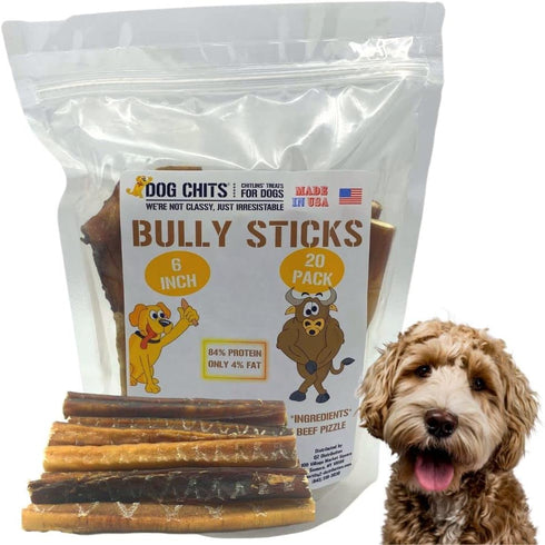 Dog Chits Bully Sticks for Dogs and Puppies | 6-inch, 20 Pack | Natural Healthy Long Lasting Chew Treats