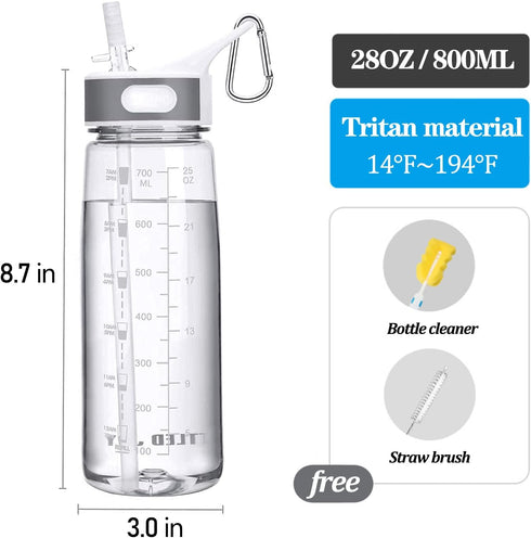 Sports Water Bottle with Straw & Handle, BPA-Free, 27oz Leakproof Bottle with Motivational Marker for Outdoor Activity