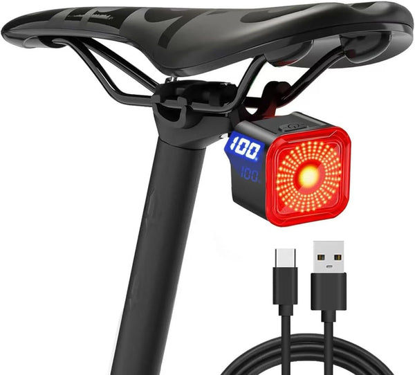LED Bike Brake Tail Light with USB-C Recharge, Digital Battery Indicator, Automatic