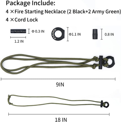 PSKOOK Survival Paracord Necklace with Flint and Steel, Fire Starter Necklace for Camping, Hiking, and Backpacking