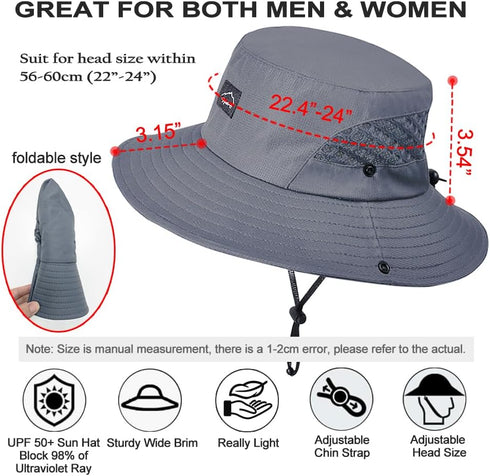 Fishing Hat, UPF50+ Wide Brim Sun Hat for Men Women, UV Protection Hiking Beach Bucket Hat
