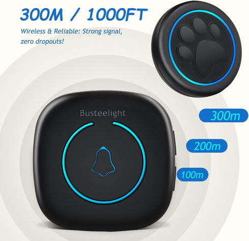 1000ft 60 Training(1 1 Soft Ring Blk Dog Bells to Go Outside - Wireless Dog Door Bell with Range, Melodies, LED