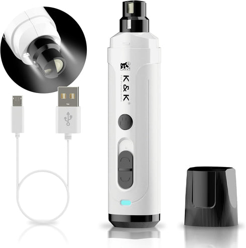 K&K Dog Nail Grinder with 2 LED Light, Professional 2-Speed Electric Nail Clipper for Large Medium Small Dogs (White)