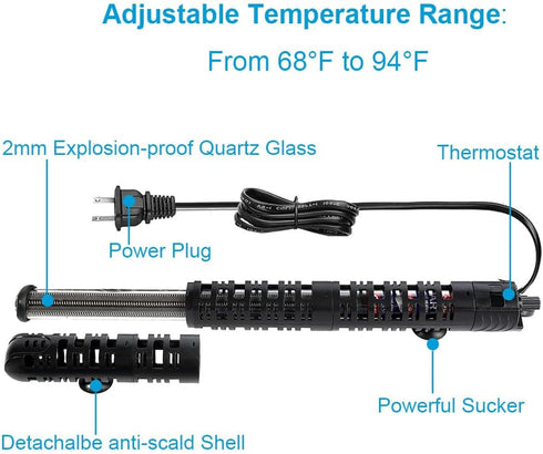 Soyon 500W Aquarium Heater, Adjustable Temperature Submersible Water Heater for 80-100 Gallon Fish Tanks (500W with