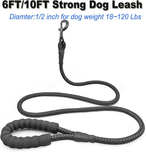 6FT 10FT Strong Dog Leash - Black Rope Leash with Highly Reflective Threads and Soft Padded Handle for Small Medium