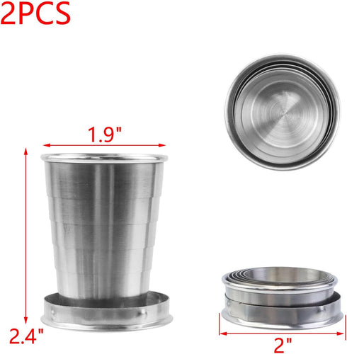 MY MIRONEY 2PCS Telescopic Stainless Steel Collapsible Cup, Portable Folding Shot Glass with Keychain and Lid (2.5 Oz)