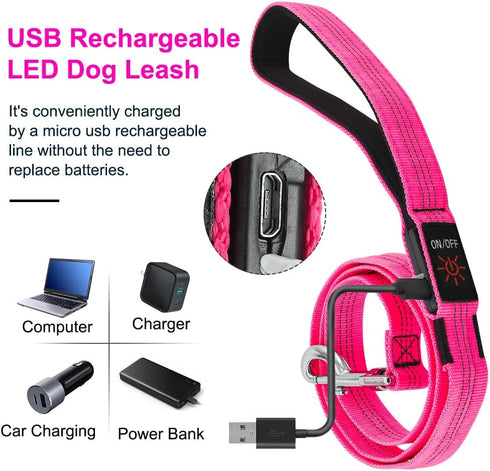BSEEN LED Dog Leash, USB Rechargeable Light Up Leash for Nighttime Dog Walking (Pink?, 47 Inch)