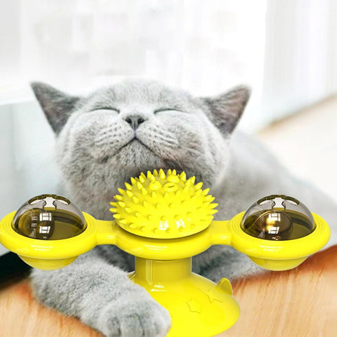 Generic Interactive Windmill Cat Toy with Catnip & Spinning LED Light Ball Suction Cup Indoor Kitten Toy with Massage