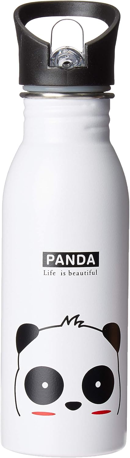 Stainless Water Bottle with Panda Design, 600ml Sport Top (White)