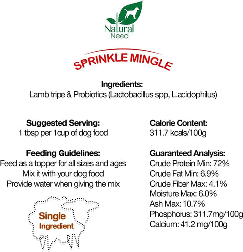 Sprinkle Mingle All Natural 100% Lamb Tripe Topper with Probiotics for Dog Food, 3.5oz