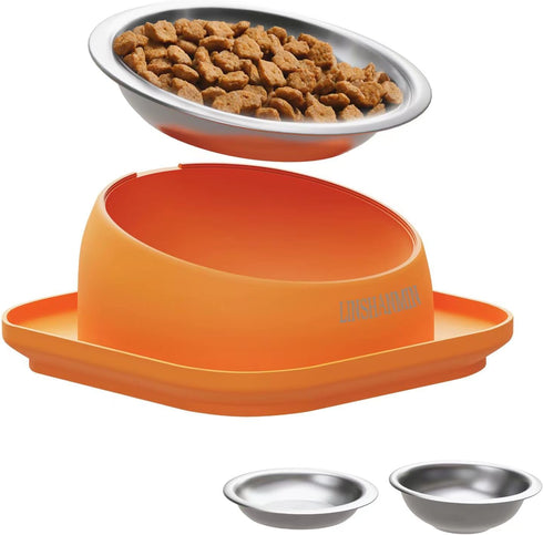 Elevated Cat Food Bowl, Tilted Feeding Stand, Whisker Friendly Slanted Feeder, Orange
