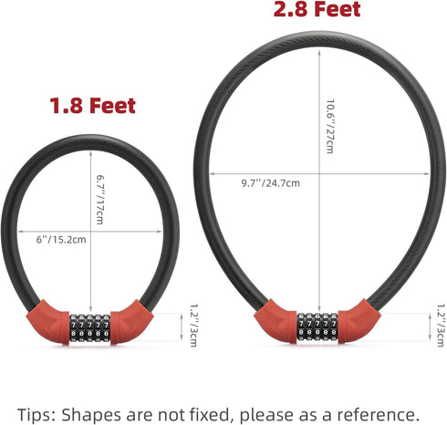 ROCKBROS 5 Digit Cable Lock Lightweight Bicycle Lock, Portable Combination Lock for Bike 22inch Red