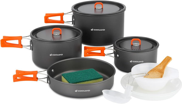 Odoland 15pcs Lightweight Non-Stick Camping Cookware Pots and Pans Set with Plastic Plates and Bowls