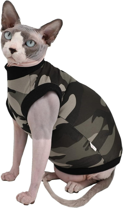 Sphynx Hairless Cat Summer Cotton T-Shirts, Round Collar Vest for Cats & Small Dogs (Medium, Black Camo)