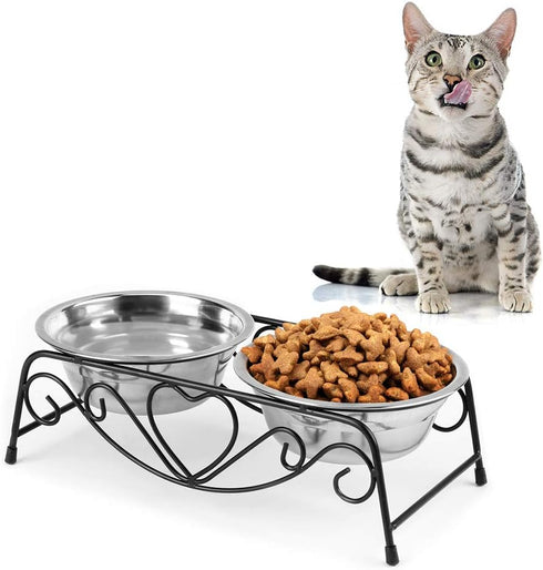 Pet Bowl, Double Cat Dog Waterer Bowls, Stainless Steel Elevated Feeder with Non-slip Raised Stand for Small Dogs Cats