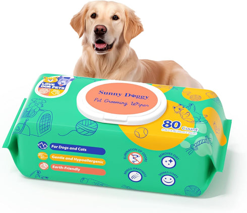 Pet Wipes 80 Count, Dog and Cat Cleaning Deodorizing Wipes, 8 x 8 Inch Grooming Wipes for Body, Paws, and Ears