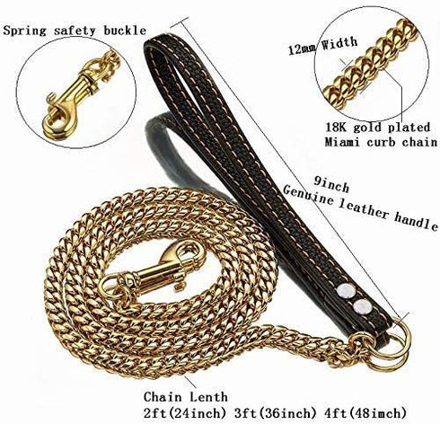Strong Dog Chain Gold Leash Long 3FT 4FT 5FT 18K Gold Plated Stainless Steel 12mm Curb Cuban Link with Leather Handle