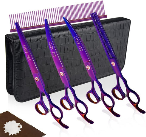 LILYS PET Professional Dog Grooming Coated Titanium Scissors Set - Cutting, Curved & Thinning Shears (8.0 inches,
