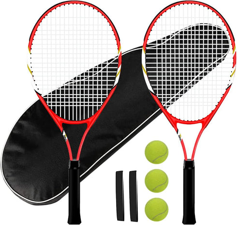Pre-Strung Tennis Racket Set for 2 Players, 27 Inch Light Adult Racquets for Beginners with Balls, Overgrips, Carry Bag