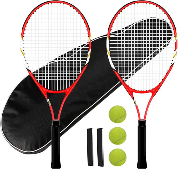 Pre-Strung Tennis Racket Set for 2 Players, 27 Inch Light Adult Racquets for Beginners with Balls, Overgrips, Carry Bag