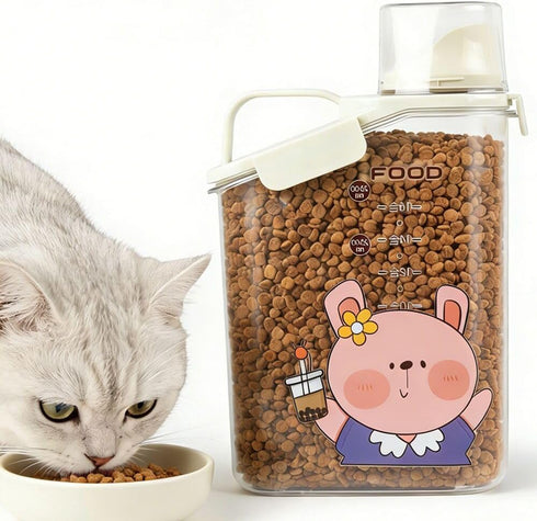 Generic (6 lbs Cute Bunny Pet Food Storage Container Capacity), Airtight Plastic Bin with Pour Spout & Handle, Clear