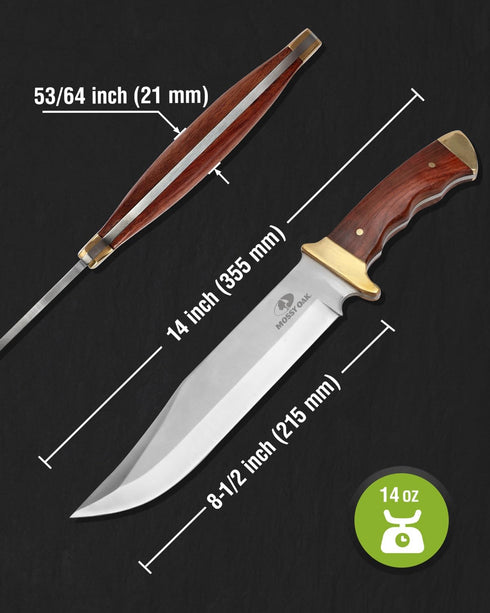 Mossy Oak 14-inch Bowie Knife - Full-tang Fixed Blade, Wood Handle Hunting Knife with Leather Sheath for Camping,