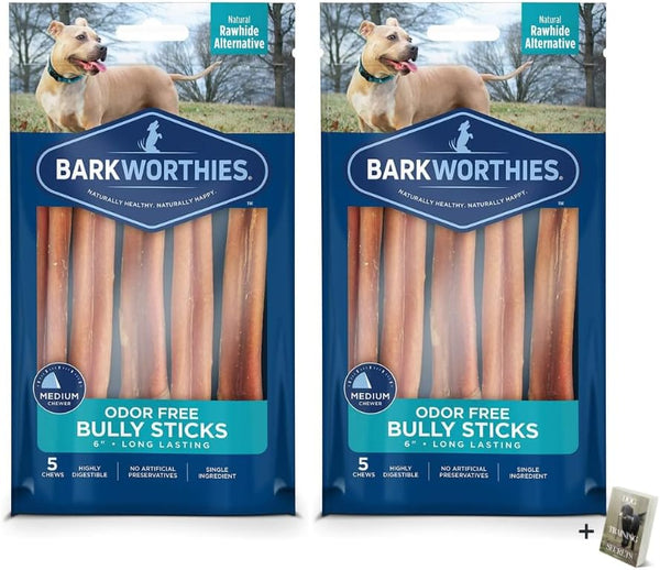 Barkworthies Odor Free Bully Sticks - 2 Pack (5 ct 6 inch), Premium Long Lasting, Grain Free Dog Treats for Chewers