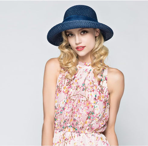 Women's Straw Sun Hat - Wide Brim Ribbons Roll Up Bucket UPF 50+ Foldable Floppy with Strap