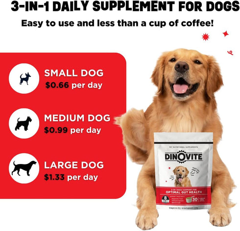 Dinovite Probiotic Supplement for Dogs, Omega 3 for Hot Spot Relief, Skin & Coat Supplement - 30 Day Supply