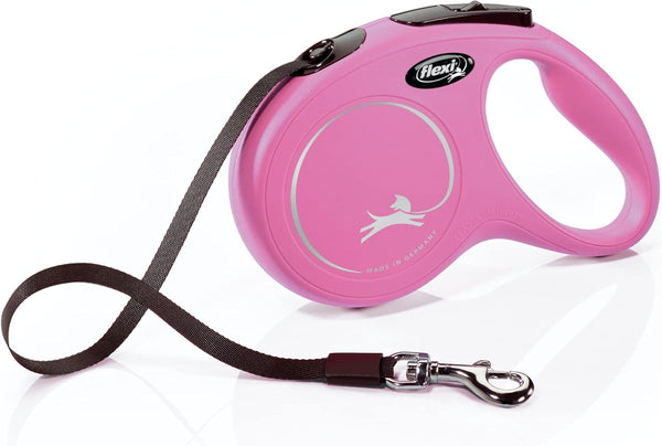 FLEXI New Classic 16 ft Retractable Dog Leash (Tape), Ergonomic, Durable, Tangle-Free for Medium Dogs, Pink