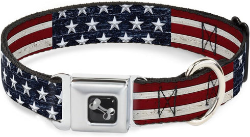 Buckle-Down Americana Rustic Stars & Stripes Seatbelt Buckle Dog Collar - 1" Wide, Fits 15-26" Neck