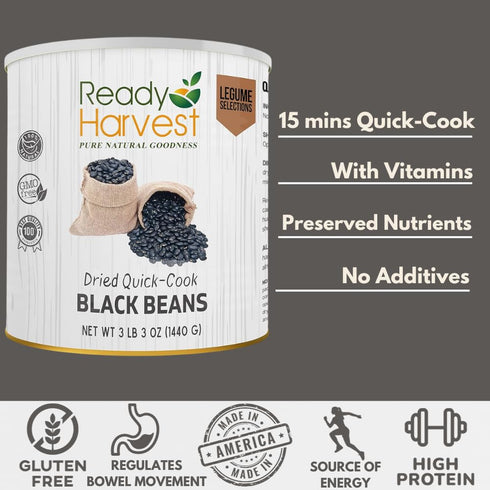 #10 25-Year 3 lbs Ready Harvest Emergency Food - Quick-Cook Black Beans | Pre-cooked Beans, Just add hot Water | Can |