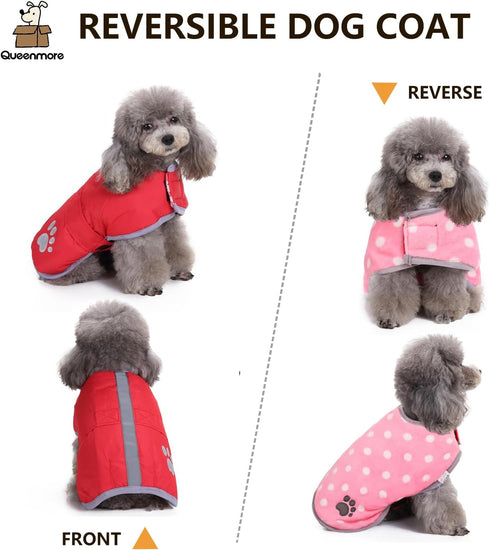 Queenmore Reversible Winter Fleece Dog Coats, Waterproof Pet Jacket for Cold Weather, Available in Sizes XS to XL