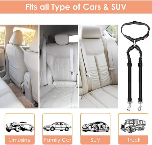 Double Dog Seat Belt, New Dual Pet Car Headrest Restraint Safety Seatbelt for 2 Dogs, Adjustable Elastic Bungee