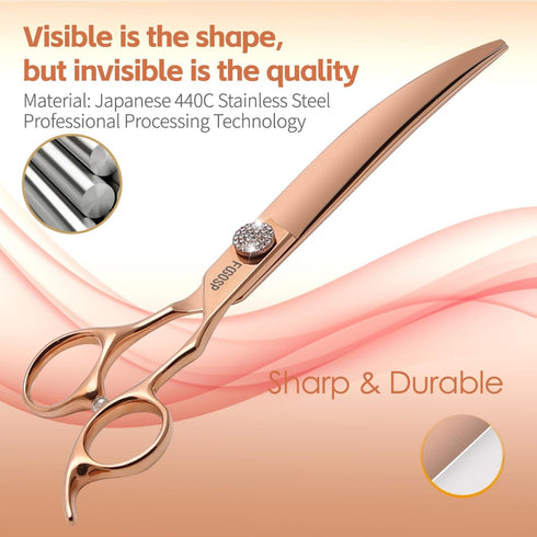 Rose Gold Titanium Curved Dog Grooming Scissors 8'' - Downward 30° with Jewelled Screw, Professional Trimming Shears