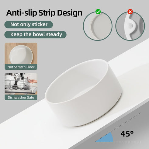 Non-Slip Ceramics Dog Bowl, Small and Medium Dog Feeding Bowl, 6in White Dog Dish for Food and Water