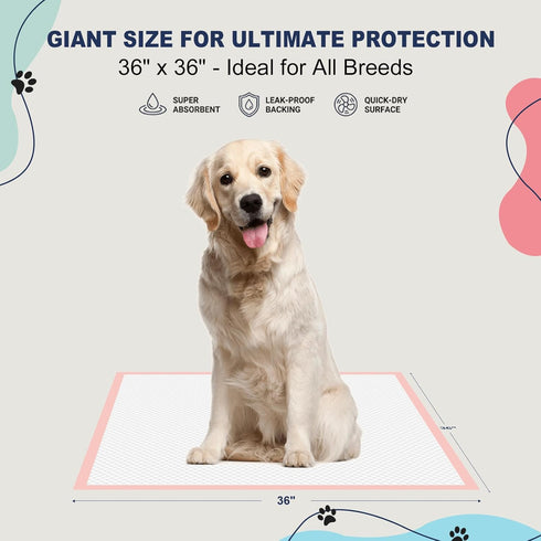 36"x36" 6-Layer 35 Count XXL Dog Pee Pads Extra Large Pink Puppy Pads, Super Absorbent & Leak-Proof Potty Training