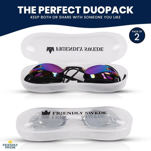 The Friendly Swede Swim Goggles - Anti Fog Swimming Goggles with Nose Pieces & Case