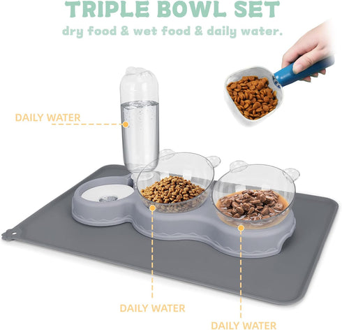 YECERCAN Triple Cat Bowls for Food and Water, 3 in 1 Pet Feeder with Automatic Water Bottle & Waterproof Mat