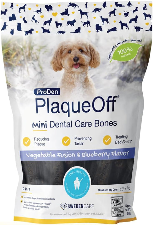 Proden Plaque Off Mini Dental Bones, Vegetable Fusion and Blueberry, 20 Count, 12 Ounces, Brown