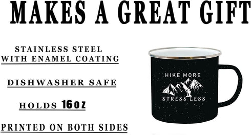 Rogue River Tactical Funny Black Large Camp Mug - Enamel Camping Coffee Cup Gift, Hike More Stress Less