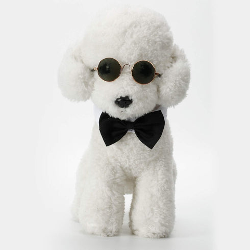 2 Pieces Pets Dog Cat Bowtie Tie Sunglasses, Adjustable Formal Necktie Collar for Cats Small Dogs (Black White)