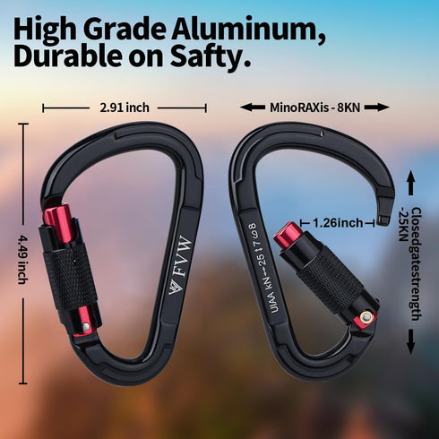 FVW Auto Locking Rock Climbing Carabiner Clips, UIAA Certified 25KN Heavy Duty Caribeaners for Rappelling, Swing,