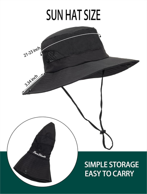 Women's Summer Beach Hat, Wide Brim Outdoor UV Protection Packable Mesh Bucket Hat with Ponytail Hole