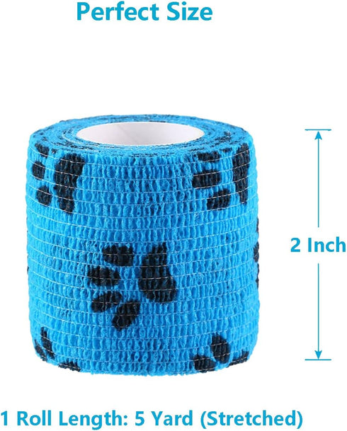WePet Pet Wrap - Self-Adhesive Non-Woven Tape for Dog Legs, Wounds, First Aid Cohesive Gauze, 6 Rolls (Pawprints A)