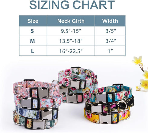 Girl Dog Collar, Cotton Pet Collar with Flowers Daisy and Rose Patterns, Adjustable Quick-Release Buckle for Small