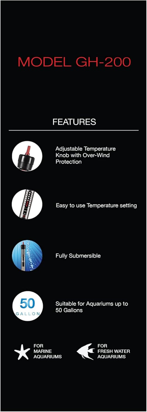 Aquatop 200W Aquarium Submersible Glass Heater, Fully Submersible for Fish Tanks Up to 50 Gallons
