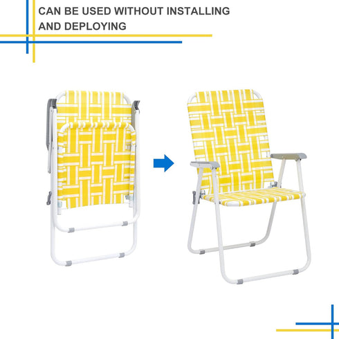 EEBUIHUI Set 2 of Folding Patio Lawn Chairs, Modern Yellow PP Braided Beach Chairs, High Back Seat, Portable Camping